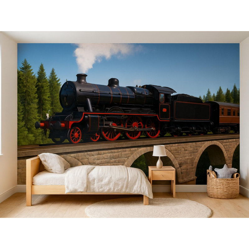 Steam Train Wall Mural Peel and Stick Locomotive Viaduct Wallpaper, Removable Self Adhesive Satin Finish Panels for Kids Room Nursery Playroom Decor, 65"W x 96"H
