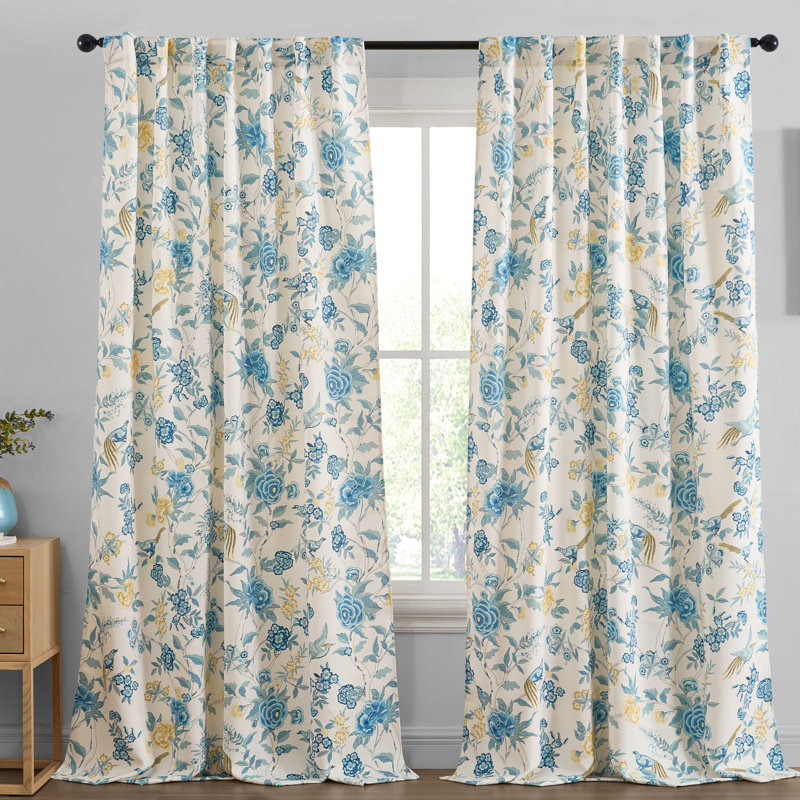 Scarlet Floral & Birds Patterned Window Back Tab Rod Pocket Curtains Bedroom - Light Blocking Darkening Window Panels, Set of 2