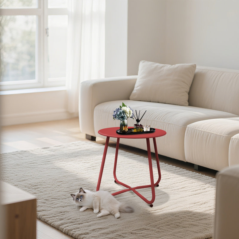 Outdoor Side Table, 18'' Round End Table With Square Feet, Red