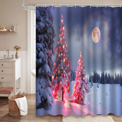 Frosty Winter Night Snowy Forest Light Shower Curtain with 12 Hooks