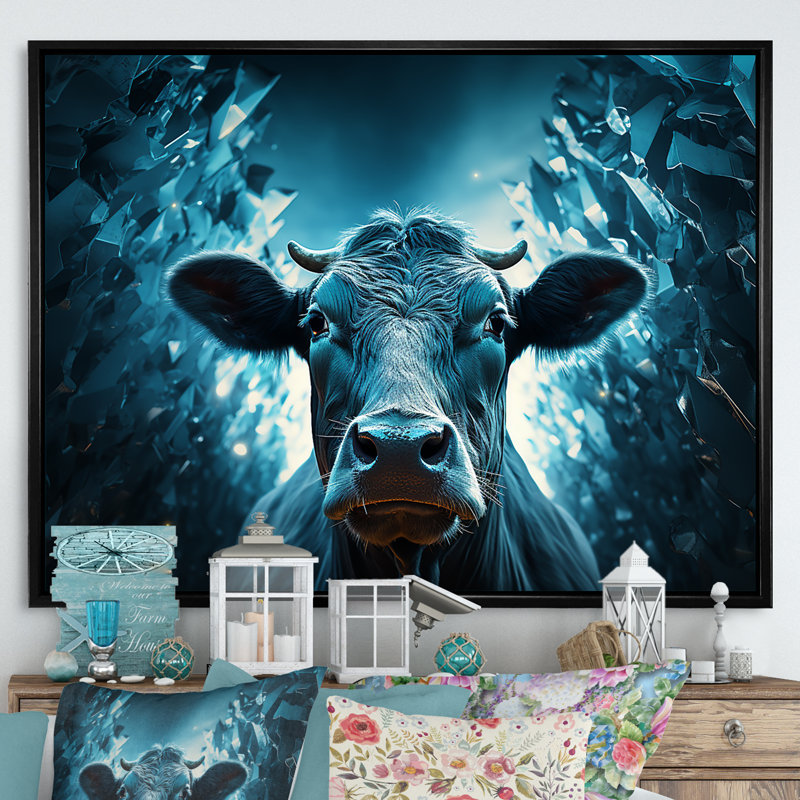 Portrait d'une vache bleue, Cadre flottant noir, H 16 po x l 32 po x P 1 po