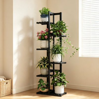 6-Tier Black Bamboo Corner Plant Stand, Tiered Plant Shelf for Multiple Plants, Indoor Flower Display Rack for Window, Garden, Balcony, Living Room & Bedroom Home Decor