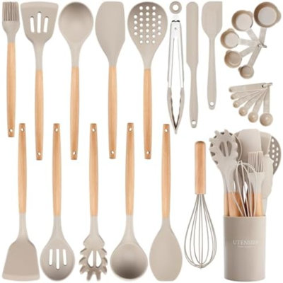 Ensemble de 26 ustensiles de cuisine en silicone alimentaire avec manches en bois | Résistant à la chaleur jusqu'à 230 °C (446 °F), anti-rayures, sans BPA, pour poêles antiadhésives, avec support, pour la cuisine et la pâtisserie au quotidien.