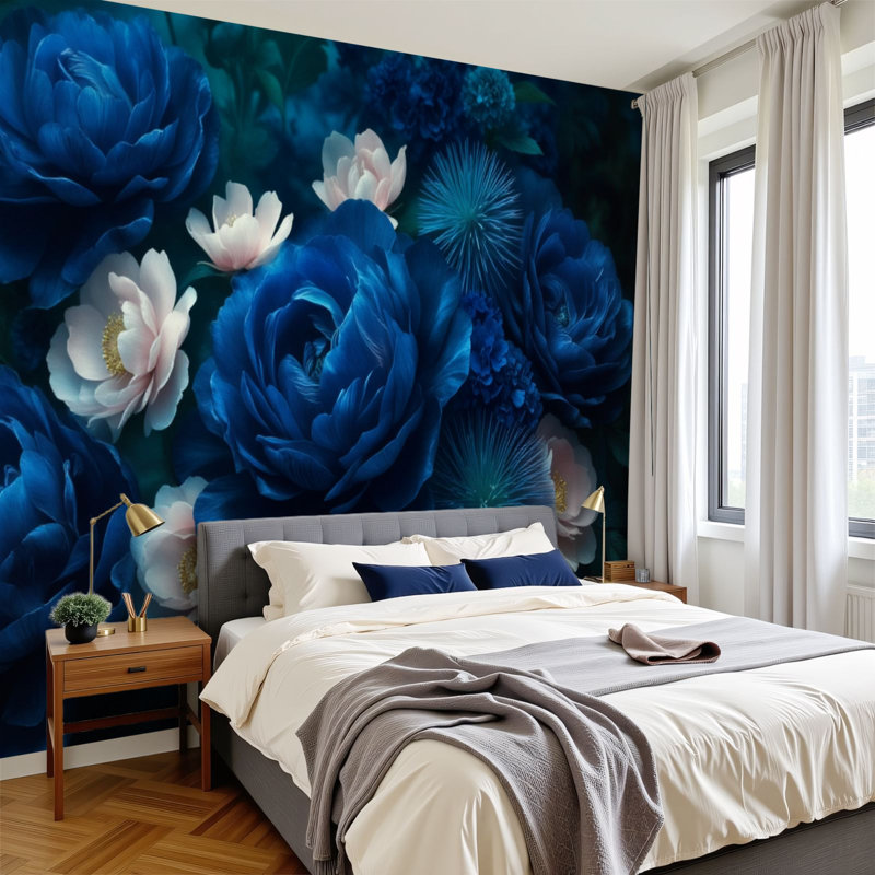 Papier peint adhésif pelez et collez, arrangement floral bleu profond, pivoines, chrysanthèmes, art mural auto-adhésif et amovible