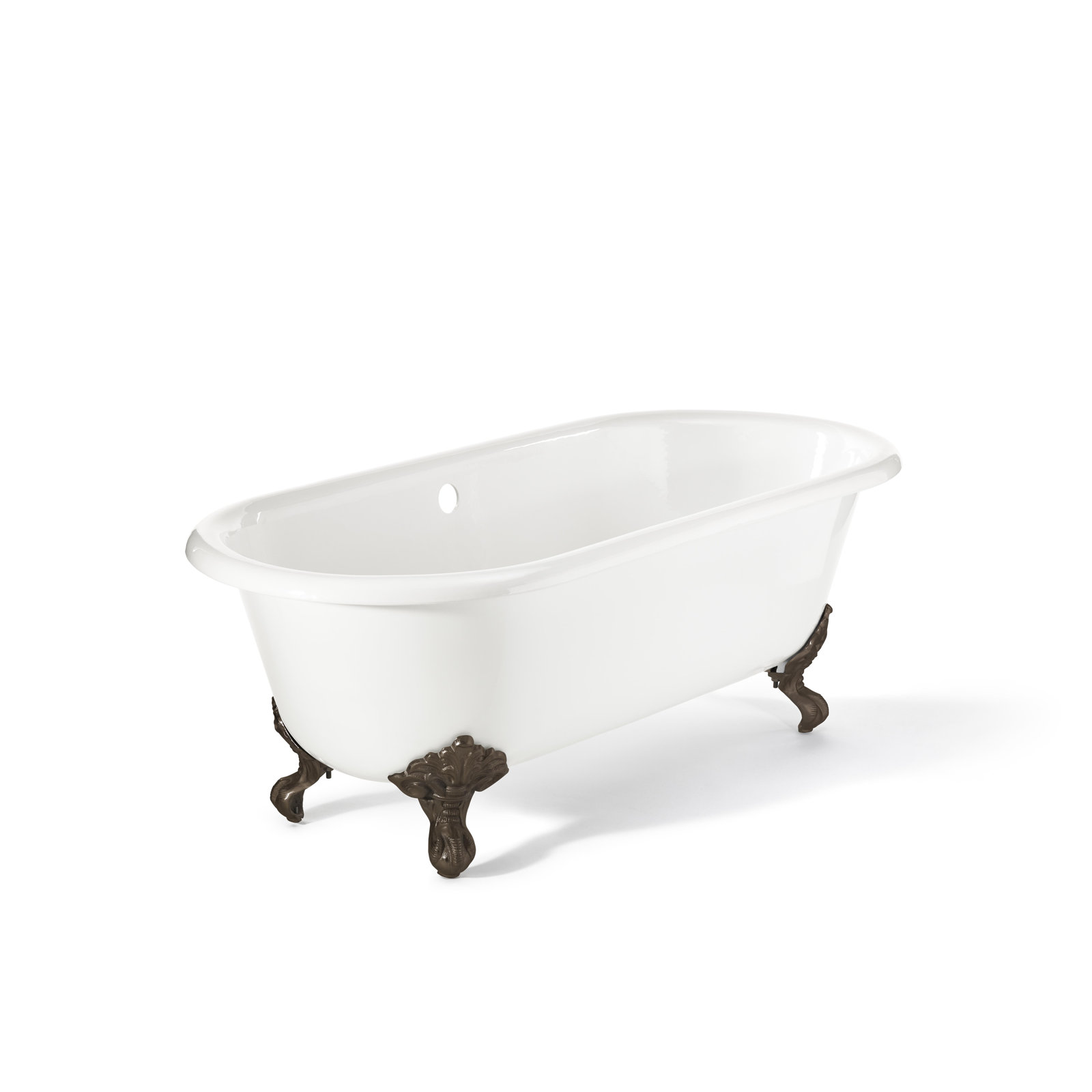 Kristin 70'' Soaking Cast Iron Bathtub, White, Continuous Rolled Rim - No Faucet Holes, Antique Bronze Feet