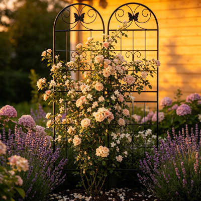 2 Pack Metal Garden Trellis 70" x 19" –  Rustproof Heavy Duty Outdoor Trellis for Climbing Plants, Black Powder Coated Flower Support with Butterfly Decoration for Vine, Rose, Cucumber, Bean（Butteryfly Decor）