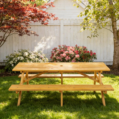 Solid Wood Outdoor Wooden Picnic Table With 2 Built-In Benches，Camping Dining Table For 8 Person
