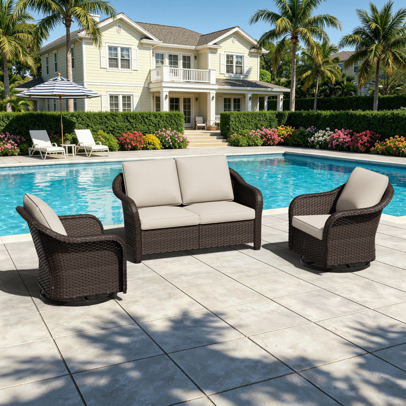 Ensemble de patio extérieur en osier 3 pièces, causeuse et chaises pivotantes avec coussins beiges PE, Beige