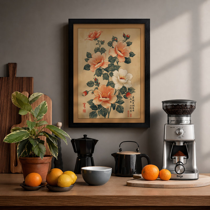 East Asian Flowering Study Japandi - Framed Print, A2 - 59.4 x 42.0 cm, Black