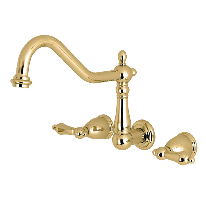 Kingston Brass Heritage Double-Handle 3-Hole Wall-Mount Kitchen Faucet, Polished Brass