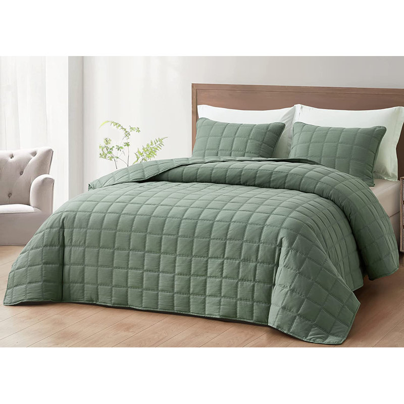 Square Stitch Embroidered Microfiber Quilt Set, Queen Quilt + 2 Standard Shams, Sage