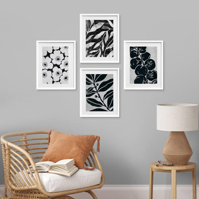 «Black & White Daisy Flower Plant Leaf Fruit», impression sur papier 4 pièces