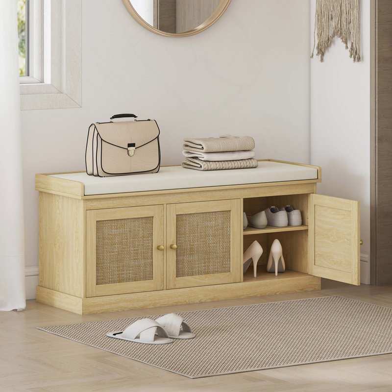 Banc à chaussures avec rotin tissé, banc à chaussures avec coussin, tablettes réglables, banc d'entrée pour chambre à coucher, salon, ton chêne