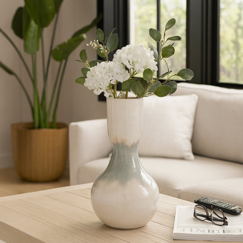 Modern Two-Tone Metal Table Vase for Home Decor - Elegant Tall Flower Vase Accent for Tabletops, and Entryway - White & Blue