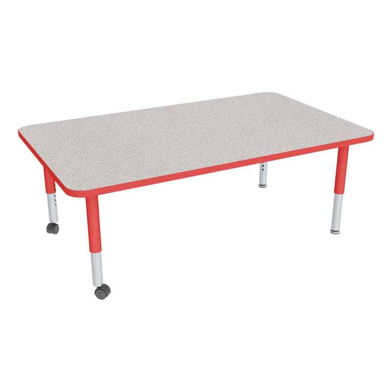 Table d'activités préscolaire rectangulaire à hauteur réglable avec roulettes, L 60 po x l 36 po, Gris nebula, Rouge