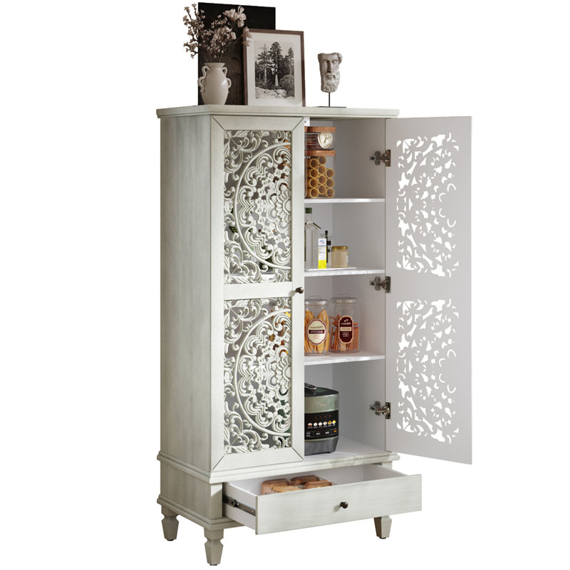 Armoire de rangement 55 po avec tiroir et bois sculpté décoratif à 2 portes, Blanc gris antique