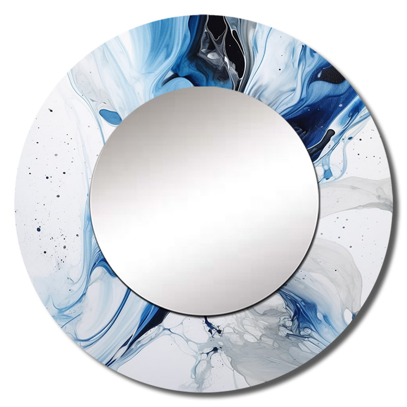 Bleu et gris Elixir I - miroir mural abstrait, miroir décoratif rond moderne, impression d'art en métal, 29 po x 29 po
