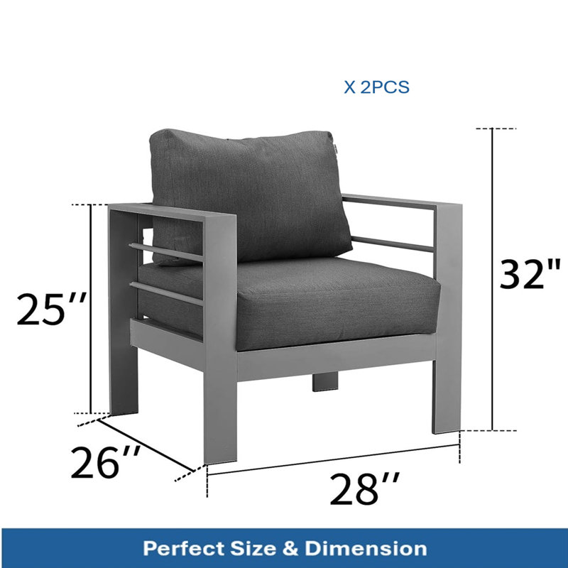Ensemble de conversation 5 pièces pour patio moderne en aluminium, canapé d'extérieur 7 places avec coussins épais gris foncé et structure grise et table basse