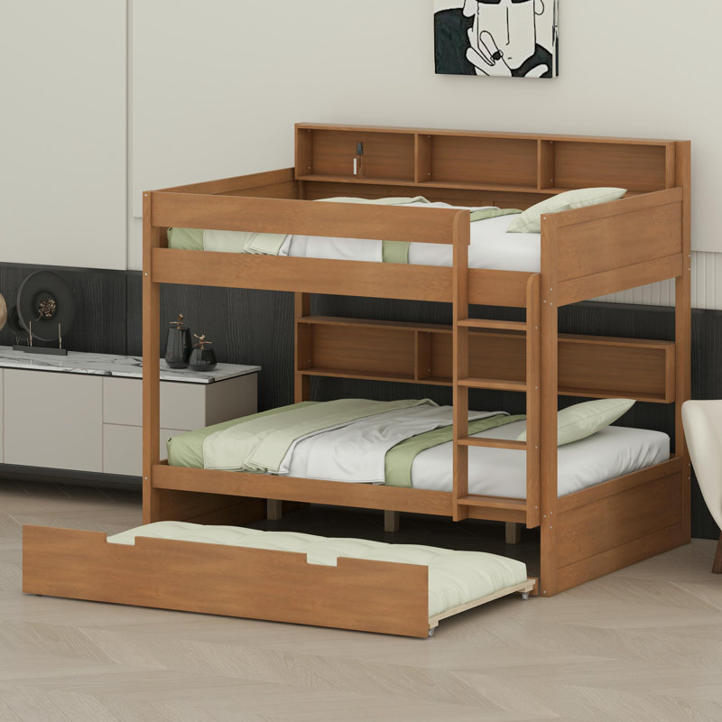 Lit superposé peu encombrant avec lit gigogne amovible, Bois antique