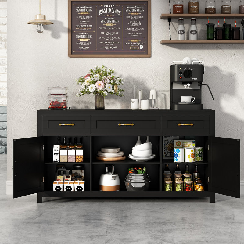 57.9" Sideboard With 3 Drawers, Adjustable Shelf, Black