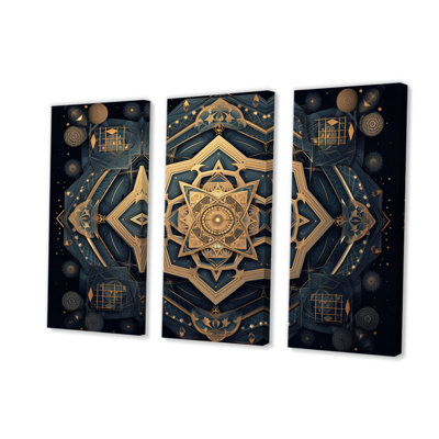 " Geometric Mandala In Gold And Nova Blue II " 3 - Pieces