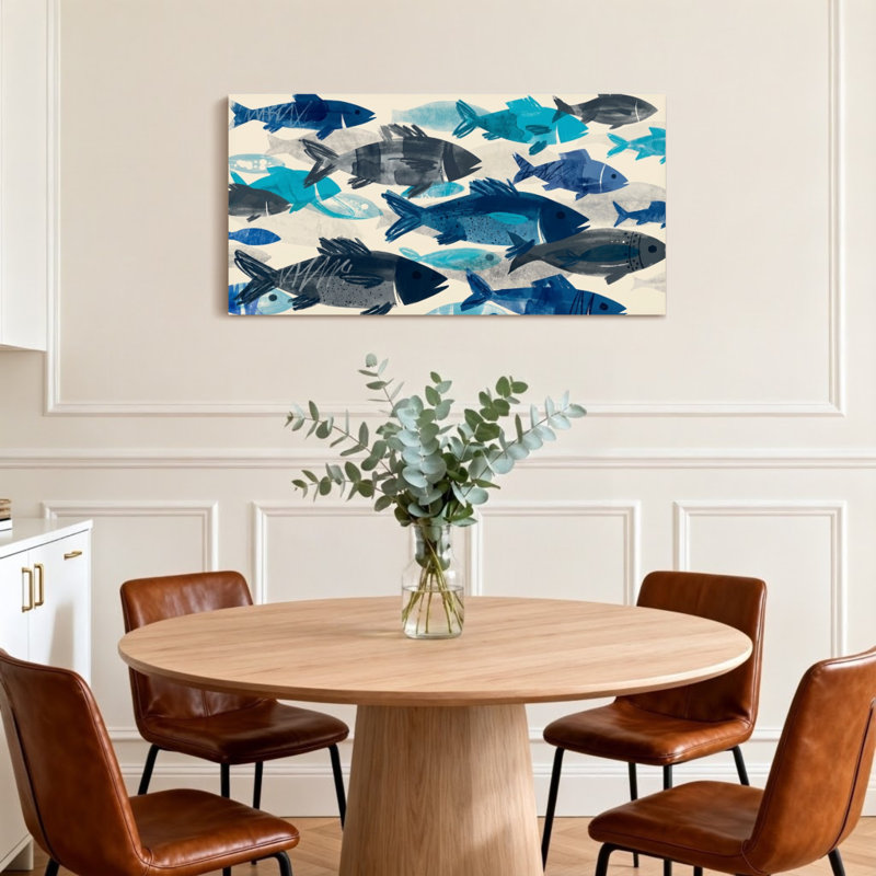 Animals Blue Fish Pattern Art Print Canvas, 28" H x 58" W