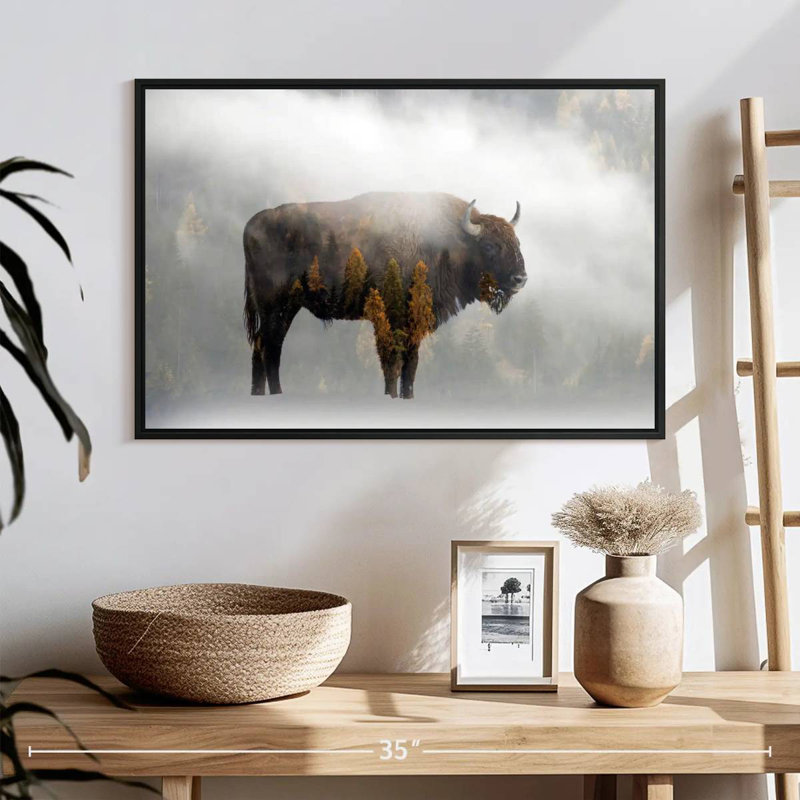 Pine Forest Bison, 25" X 17", Floating Frame Black