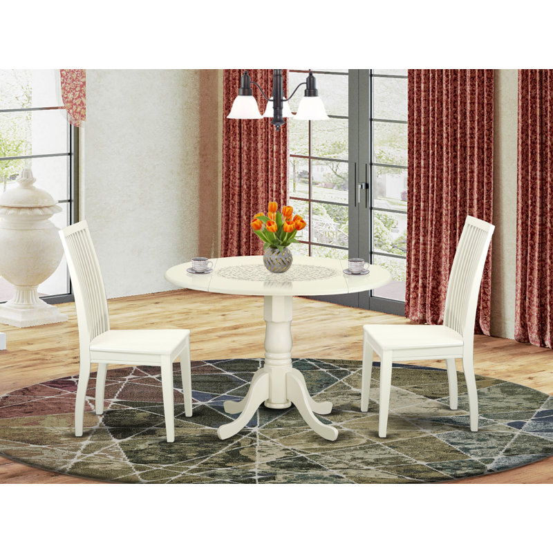 Ensemble de table de cuisine 3 pièces pour petits espaces comprenant une table ronde Dropleaf et 2 chaises de salle à manger, 42 po x 42 po, lin blanc
