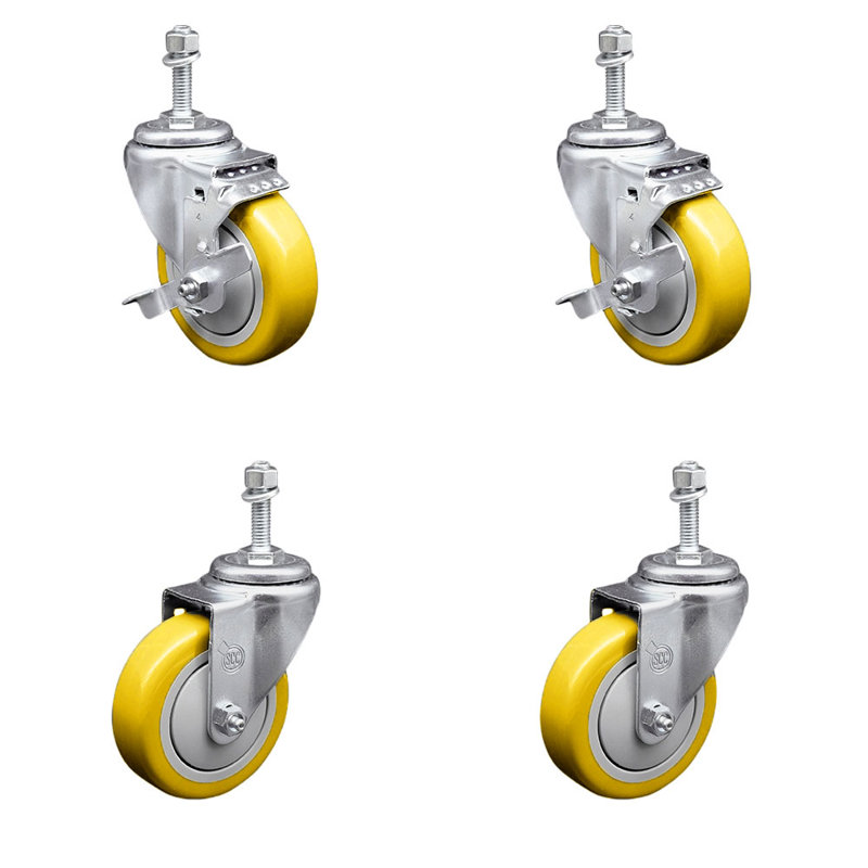 Ensemble de 4 roulettes à tige filetée en polyuréthane pivotant de 3/8 po et 4 freins