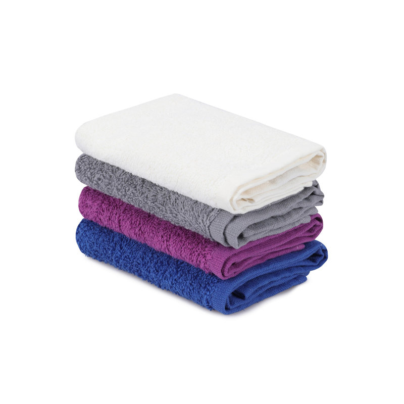 Ensemble de 4 serviettes de bain 100% coton, Mauve / bleu foncé / gris