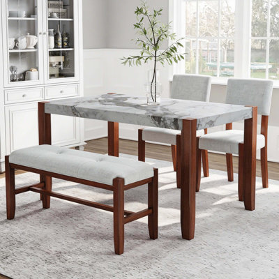 Contemporary 4-Piece Dining Set with Marble-Look Table and Upholstered Seating