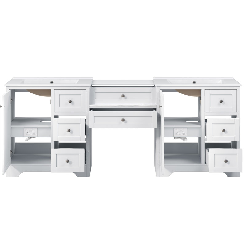 84'' Double Bathroom Vanity With Quartz Top And Buld In Power Outlets, White