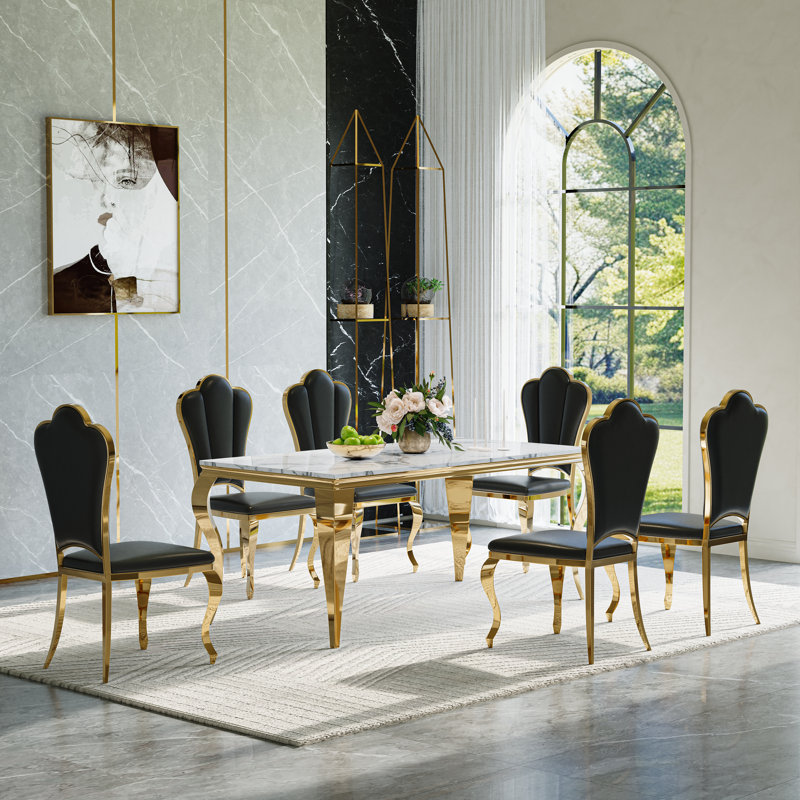 Ensemble de table de salle à manger moderne 7 pièces avec plateau en faux marbre et chaises rembourrées - Table rectangulaire pour 6 pieds en acier inoxydable