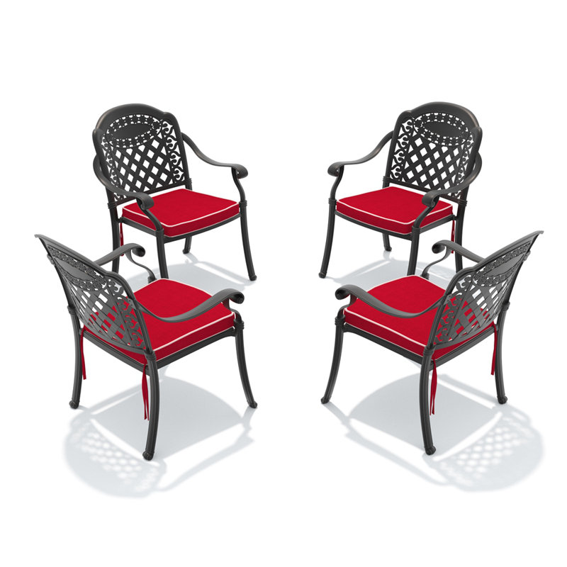 Chaise de patio en fonte d'aluminium 4 pièces avec structure noire et coussins rouges