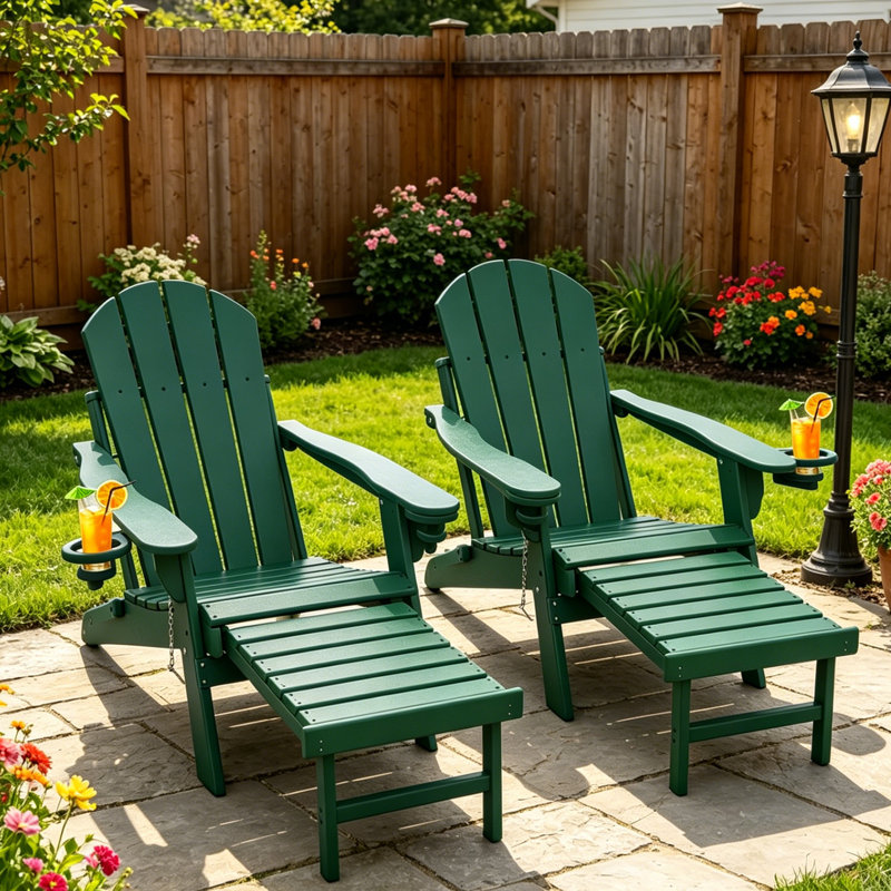 Set Of 2 Folding Adirondack Chair with Ottoman&Cup Holder, Forest