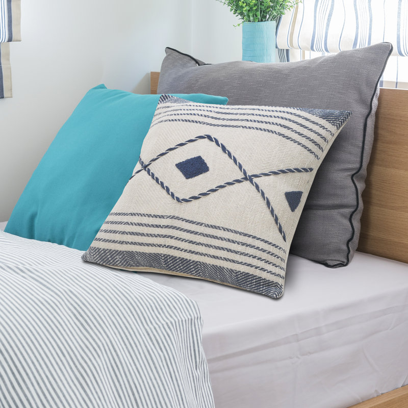Coussin décoratif à rayures 100% coton, Bleu/Blanc, Polyester