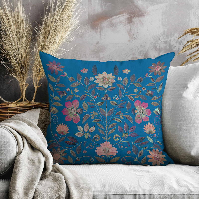 Oreiller symétrique en simili suède Flora, Bleu / Rose, Carré 16 po