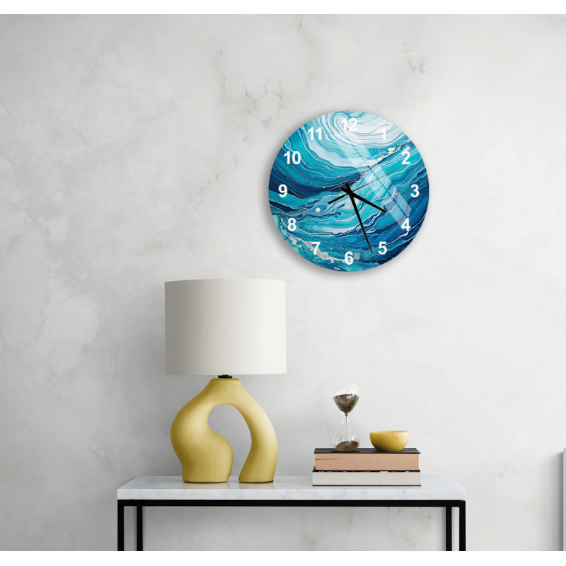 Horloge murale abstraite en verre trempé Ocean Waves, Blanc