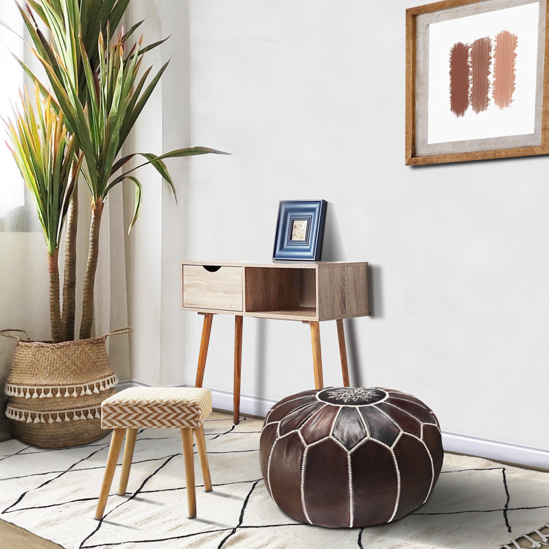 Handmade Chocolate Brown Moroccan Leather Round Ottoman Pouf