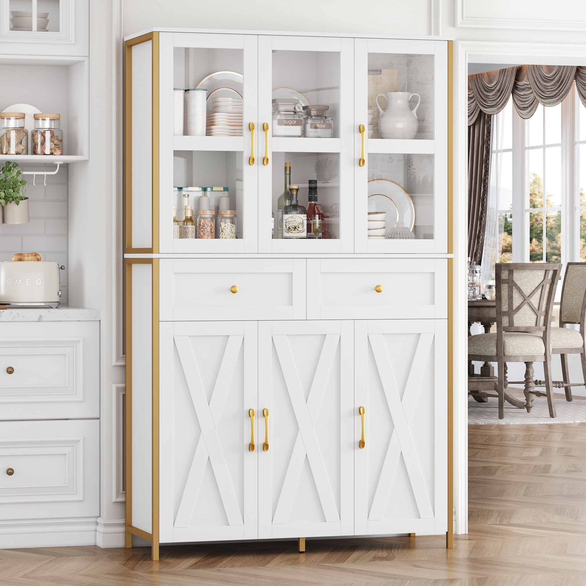 Gracie Oaks Kitchen Pantry With Large Drawers and Farm Doors & Reviews | Wayfair