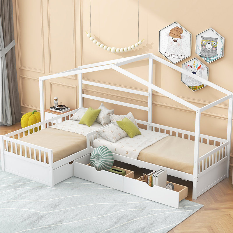 Lit plateforme House avec trois tiroirs de rangement, Blanc