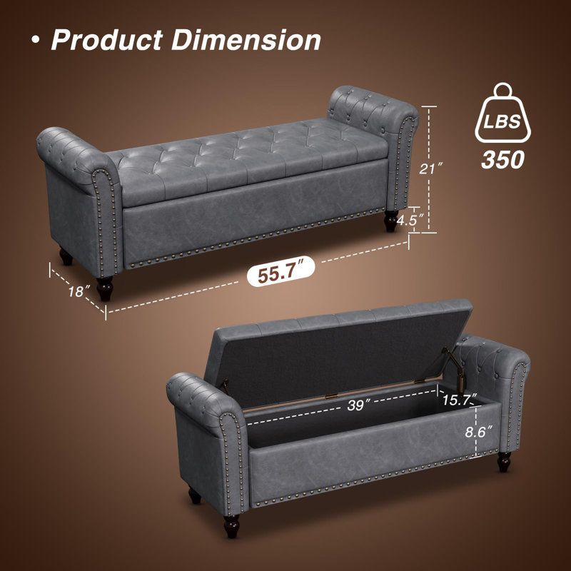 Banc de chambre à coucher avec rangement, Gris, H 22 po x l 55,7 po x P 18 po