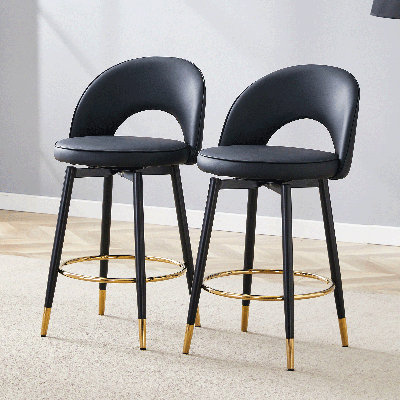 360° Rotatable Modern PU - Upholstered Bar Chair Set Of 2: Featuring Smooth Black Metal Legs, Ideal For Dining Rooms, Kitchens, Terraces, And Guest Of by Mercer41