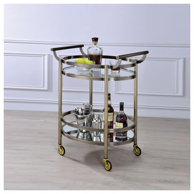 Vanderbilt Brushed Bronze Oval Serving Cart with Glass and Mirrored Shelves