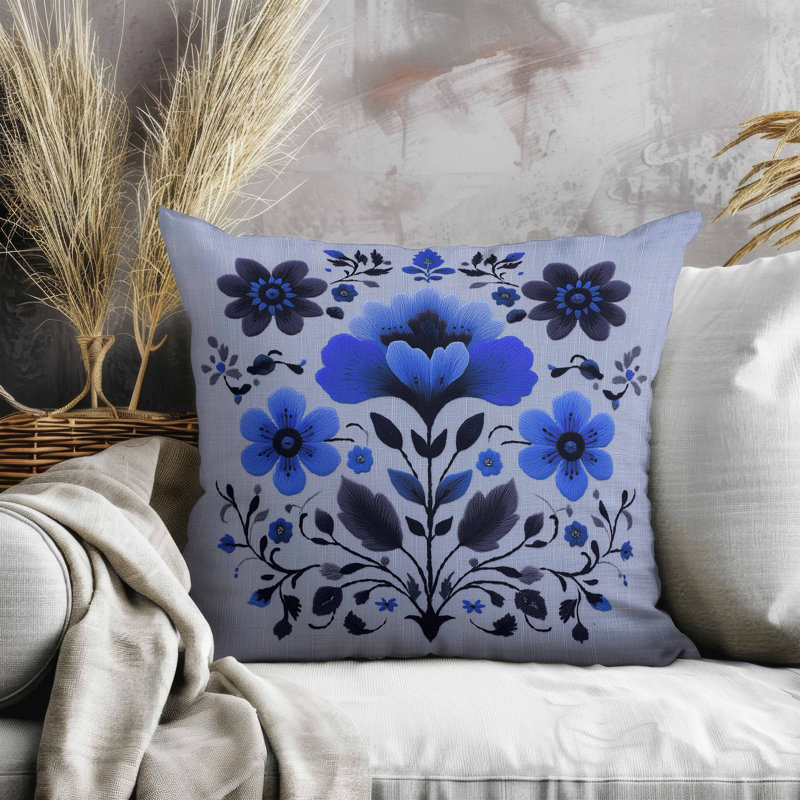 Oreiller en faux suède Rajasthan Bloom, Carré 20 po, Bleu