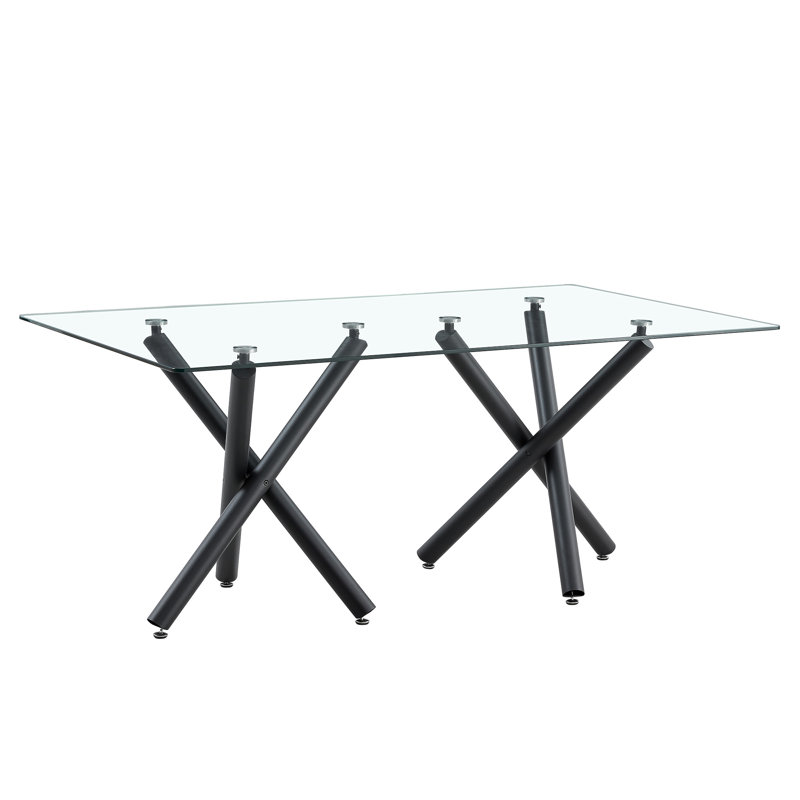 Grande table de salle à manger rectangulaire moderne en verre minimaliste pour 6 à 8 personnes avec plateau en verre trempé de 0,39 po et pieds en métal noir, pour la salle à manger, la salle de réunion, la salle de banquet