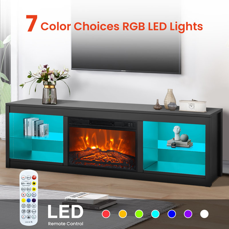 66'' LED TV Stand for TVs up to 75'', Media Console with LED Lights and Electric Fireplace, Black
