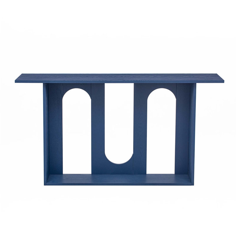 Modern And Curved Design Ash Veneer Console Table With Shelf, Navy Blue