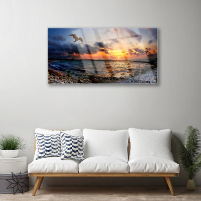 Landscape Seagull Sea Beach - Unframed Photograph on Glass