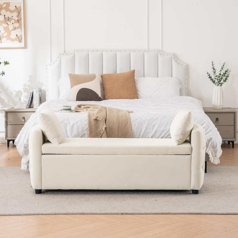 Storage Bench For Bedroom, 60" End Of Bed Bench For King Size Bed, Velvet Tufted Bench Modern Upholstered Long Ottoman Bench With Arm